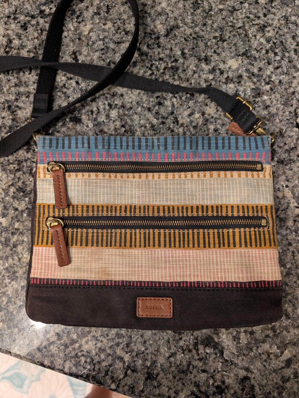 Fossil Y2K Boho Multicolor Stripe Canvas Messenger Bag with Brown Accents